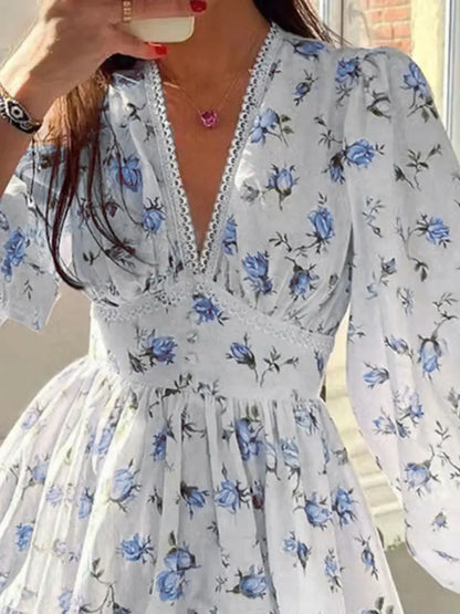 Lace Detail V-Neck Balloon Sleeve Dress - dress
