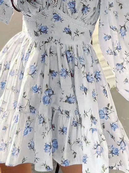 Lace Detail V-Neck Balloon Sleeve Dress - dress