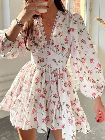 Lace Detail V-Neck Balloon Sleeve Dress - Blush Pink / S - dress