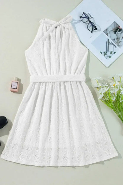 Lace Sleeveless Tied Waist Mini Dress - dress