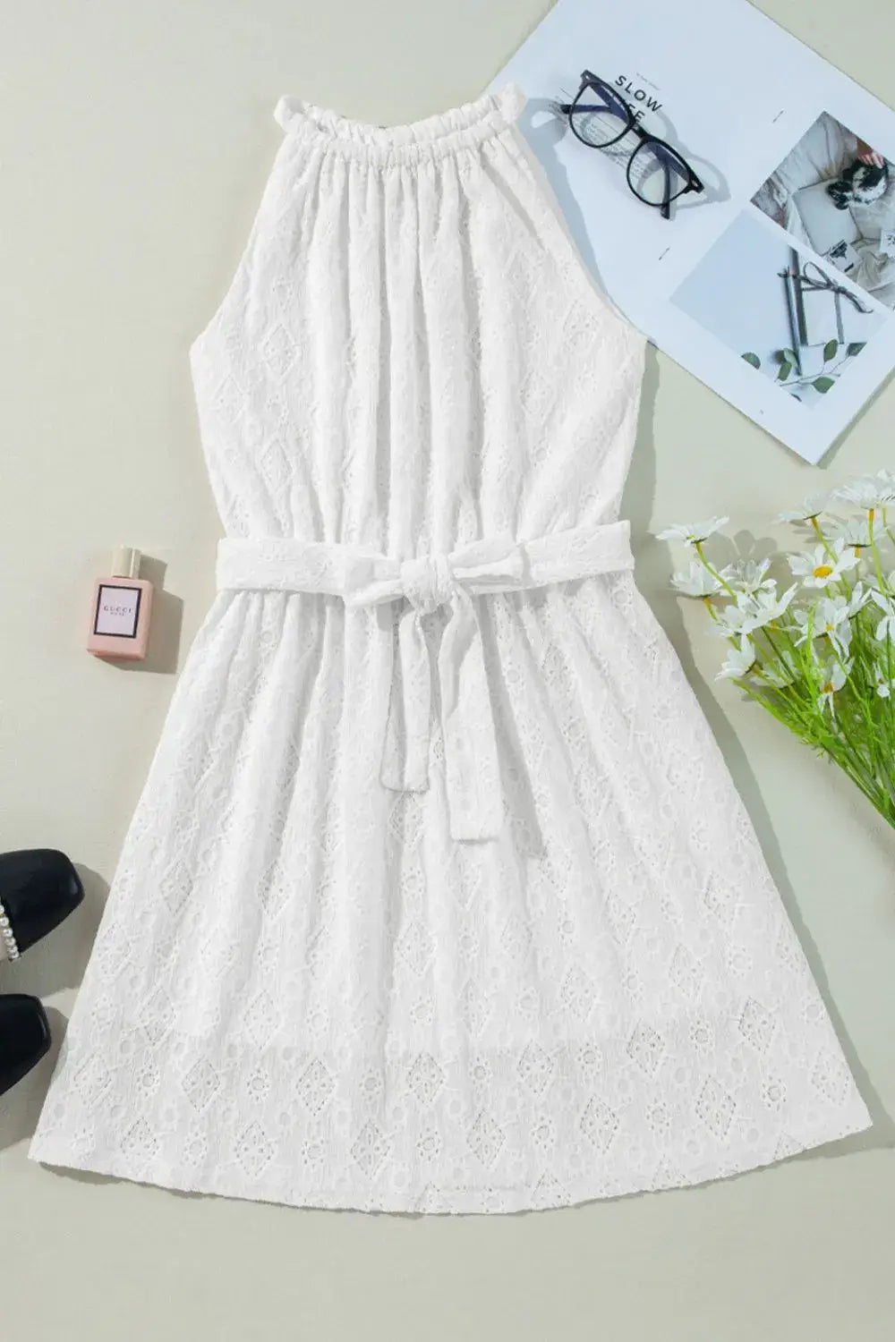 Lace Sleeveless Tied Waist Mini Dress - dress