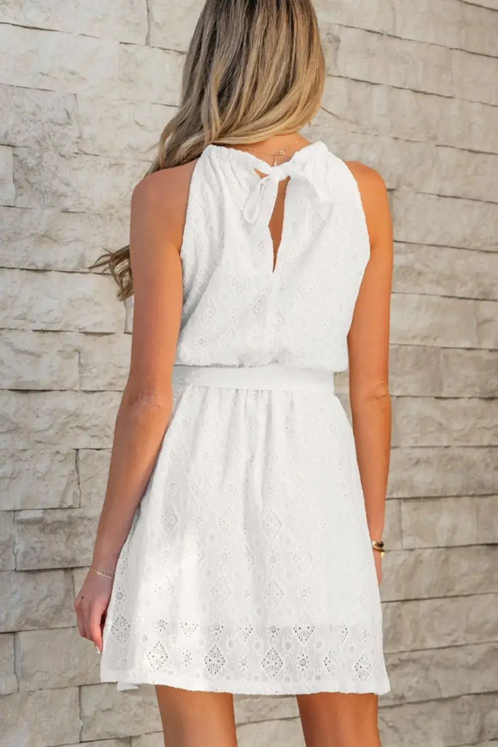 Lace Sleeveless Tied Waist Mini Dress - dress