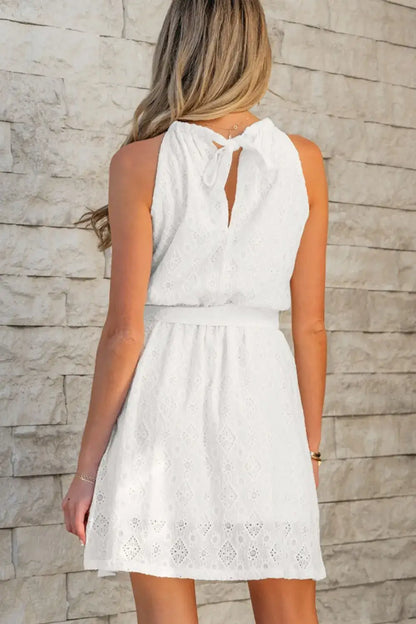 Lace Sleeveless Tied Waist Mini Dress - dress
