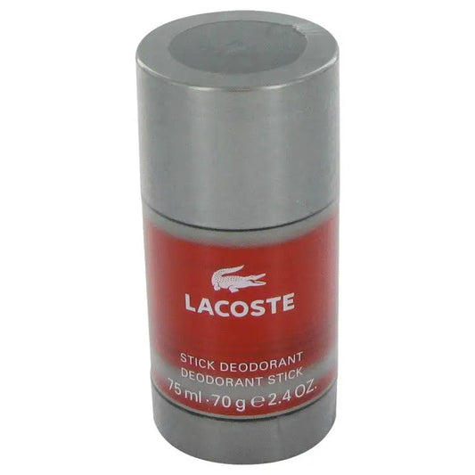 Lacoste Red Style In Play deodorant stick with red and gray design, featuring green apple and white musk scents