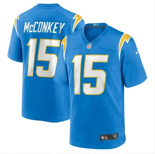 Two blue Los Angeles Chargers Nike Alternate jerseys featuring Ladd McConkey number 15