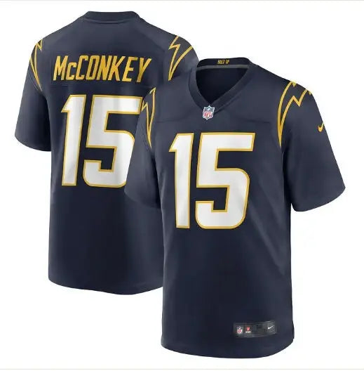 Navy Los Angeles Chargers Ladd McConkey football jersey with gold and white 15 numbers