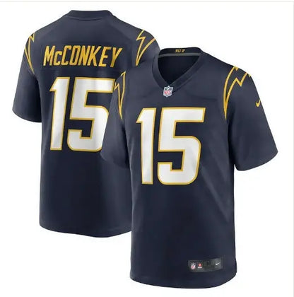 Dark blue Ladd McConkey Los Angeles Chargers Nike Game Jersey with gold and white 15 lettering