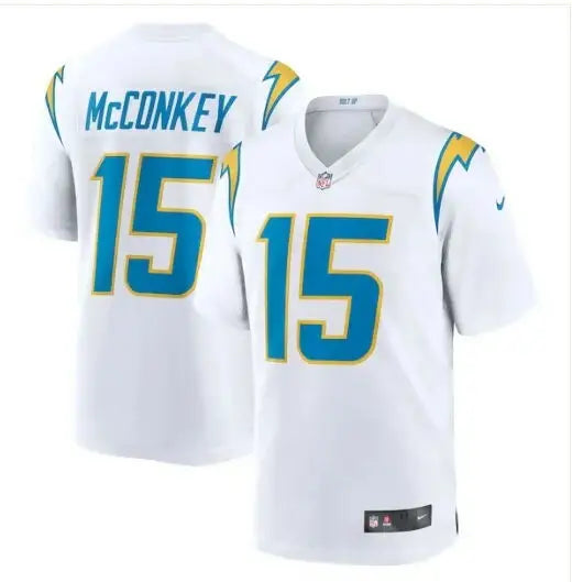 White Los Angeles Chargers Nike Game Jersey with teal gold accents and McConkey 15 on back
