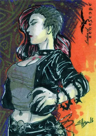 Stylized portrait of a woman with colorful hair on a sketch card by Danielle Ellison