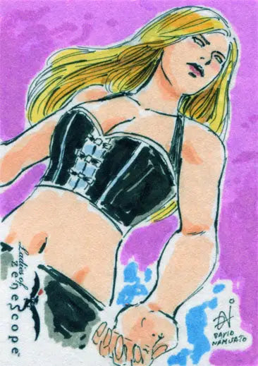 Stylized drawing of a blonde figure in a black top on a purple background sketch card by David Namisato