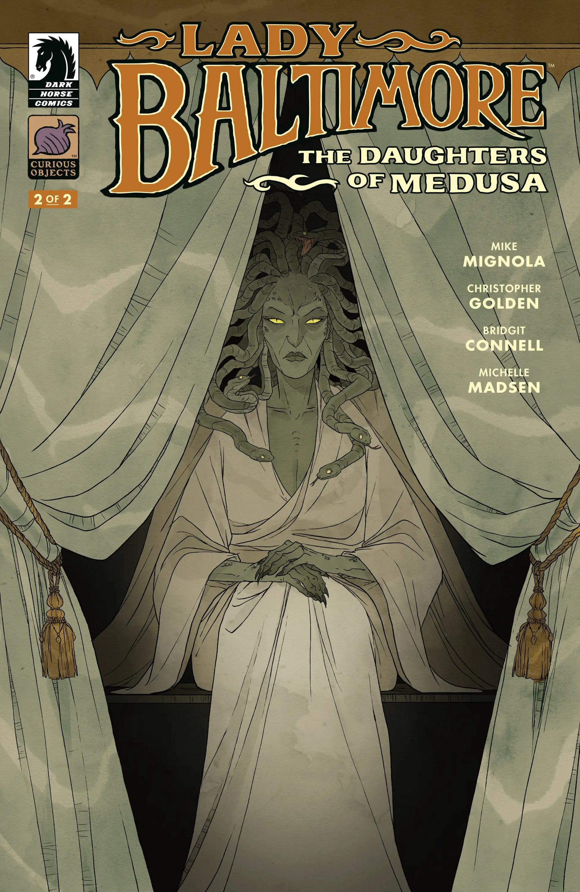Comic book cover of Lady Baltimore The Daughters Of Medusa #2 by Abigail Larson with snake-haired woman