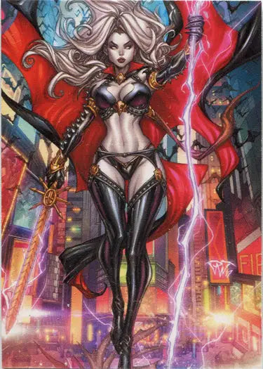 Fierce Lady Death Goddess in revealing armor with sword in vibrant cityscape and lightning