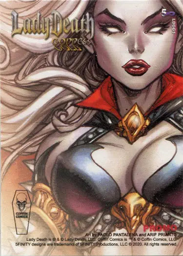 Stylized Lady Death Goddess illustration with pale skin and white hair on promo card