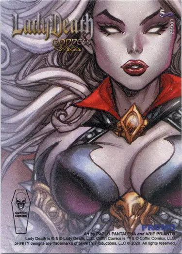 Stylized illustration of Lady Death Goddess in revealing outfit for Death Goddess Gold card