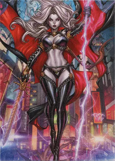 Fierce Lady Death Goddess with silver hair wielding magic on Death Goddess Gold card