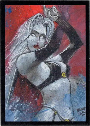 Stylized portrait of Lady Death with white hair and red lips on vibrant red background