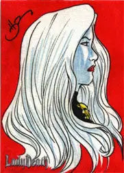 Stylized Lady Death sketch card portrait by Daniel HDR featuring long white hair on red background