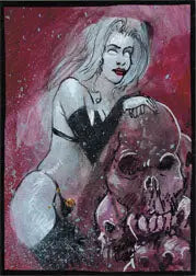 Gothic painting of a pale woman beside a skull in Alfredo Freddy Lopez Sketch Card