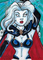 Stylized comic book illustration of Lady Death on a Mary Bellamy sketch card