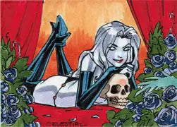 Woman with skull and blue flowers in Mel Celestial’s Lady Death Sketch Card