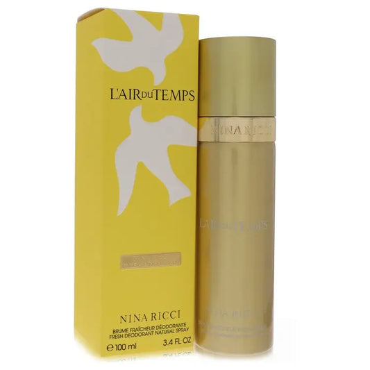 Yellow box and gold deodorant spray bottle of Nina Ricci LAir Du Temps for evening wear