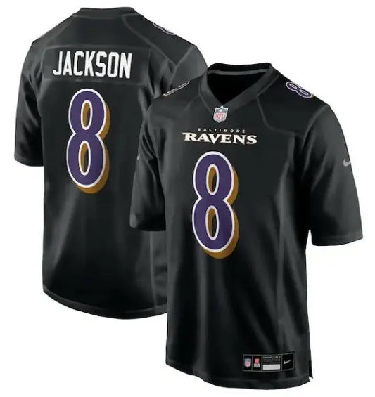 Black Lamar Jackson Baltimore Ravens Nike Game Jersey with number 8 and Jackson on back