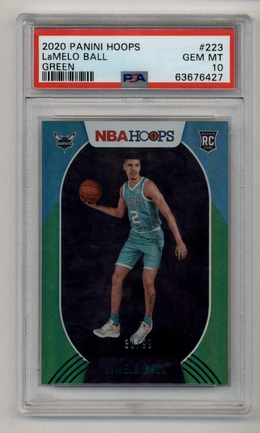 PSA 10 Gem Mint LaMelo Ball 2020-21 Hoops Green #223 basketball card in teal uniform