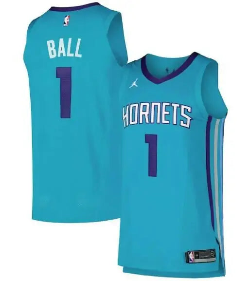Teal blue Charlotte Hornets LaMelo Ball Jordan Brand jersey with purple trim and number 1