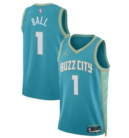 Teal and cream Charlotte Hornets LaMelo Ball City Edition Swingman Jersey front and back