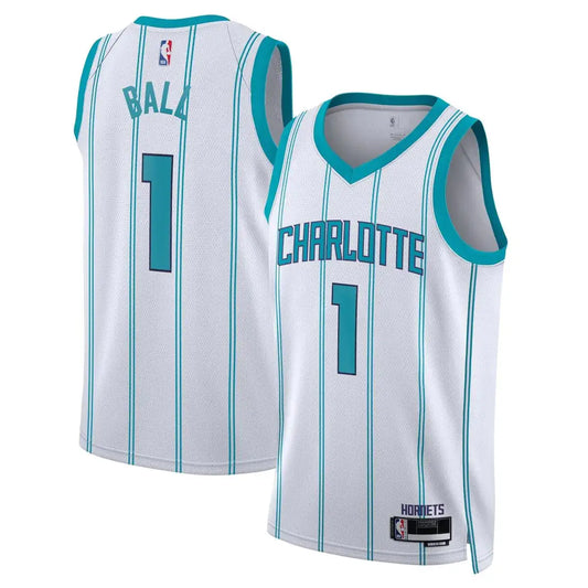 White and teal Charlotte Hornets NBA boys youth White Association Edition jersey featuring LaMelo Ball