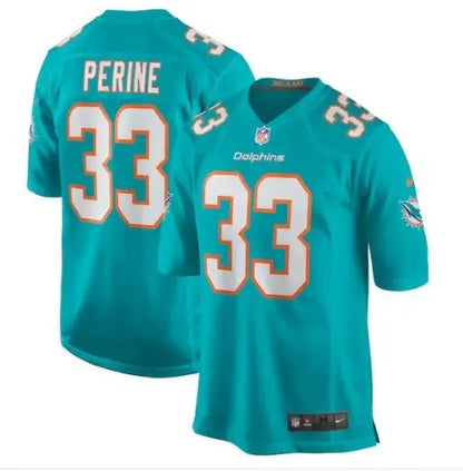 Teal Miami Dolphins Lamical Perine #33 Nike Home Game Player Jersey displayed