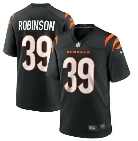 Black Cincinnati Bengals Lance Robinson Nike Game Jersey with number 39 and Robinson on back