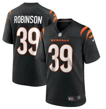Black Cincinnati Bengals Lance Robinson Nike Game Jersey with number 39 and Robinson on back