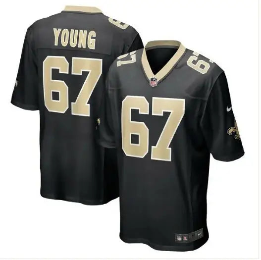 Black and gold New Orleans Saints Nike Game Jersey with YOUNG 67, perfect for Saints Nike Game fans