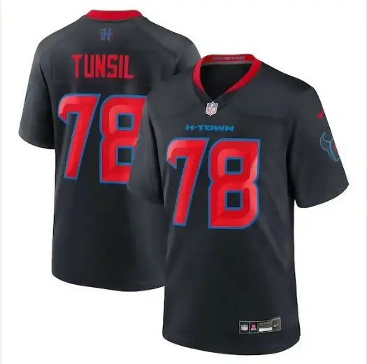 Black NFL football jersey with red numbers and blue trim, Laremy Tunsil Houston Texans Nike jersey