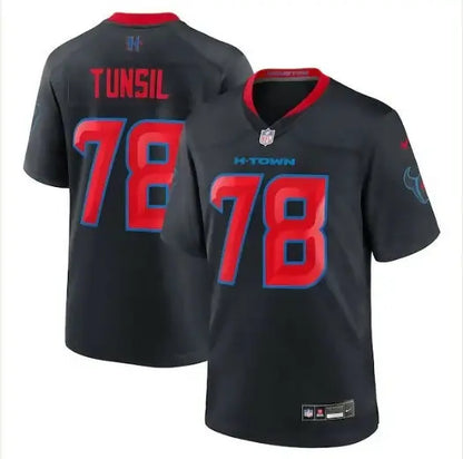 Black NFL football jersey with red numbers and blue trim, Laremy Tunsil Houston Texans Nike jersey