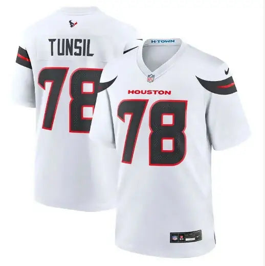 White Houston Texans Nike football jerseys with black and red accents displayed