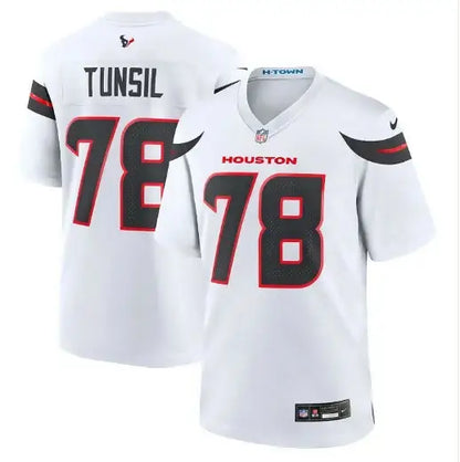 White Houston Texans Nike football jerseys with black and red accents displayed