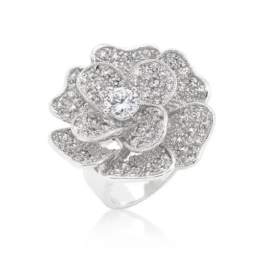 Large Flower Cubic Zirconia Cocktail Ring - Cocktail Ring