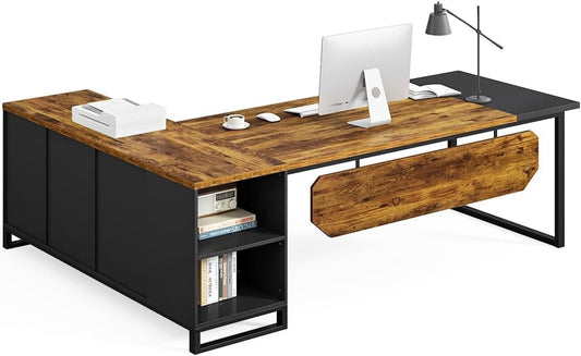 Large L Shaped Executive Desk and File Cabinet Combo-0