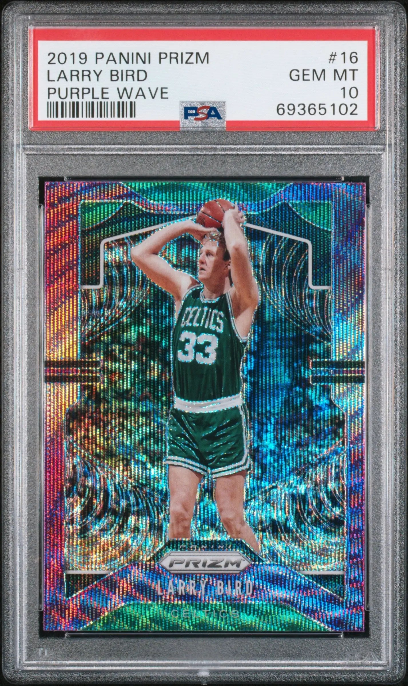 Larry Bird 2019 Panini Prizm Purple Wave card with PSA 10 Gem Mint rating