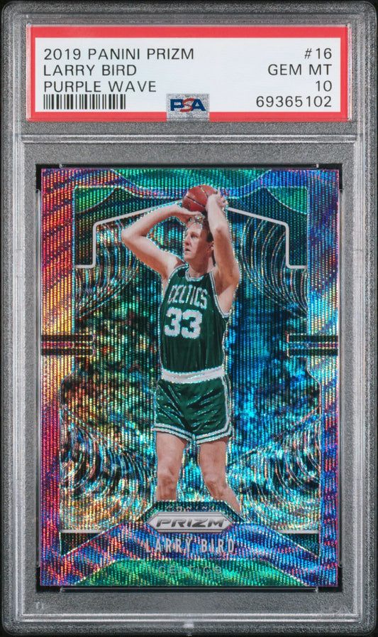 Larry Bird 2019 Panini Prizm Purple Wave card with PSA 10 Gem Mint rating
