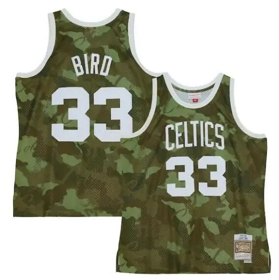 Larry Bird Boston Celtics #33 camouflage hardwood classics jersey displayed in product image