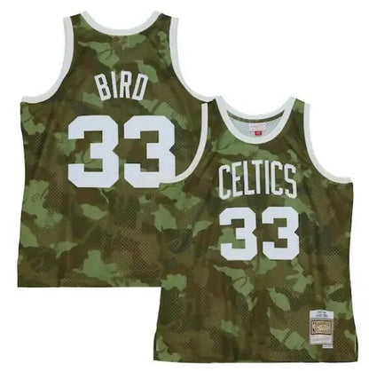 Larry Bird Boston Celtics #33 camouflage hardwood classics jersey displayed in product image