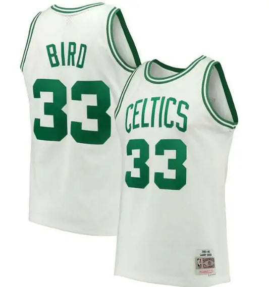 White Boston Celtics Hardwood Classics Swingman Jerseys with green trim and numbers