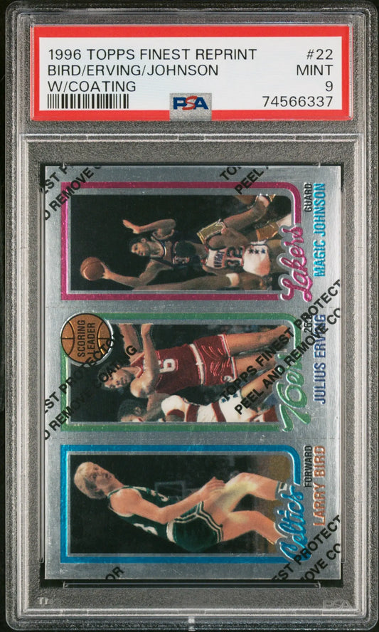 Graded 1996 Topps Finest Reprint basketball card of Larry Bird, Julius Erving, Magic Johnson