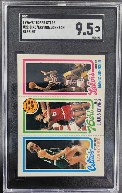 Graded BGS 9.5 1980-81 Topps card panel featuring Larry Bird, Julius Erving, Magic Johnson