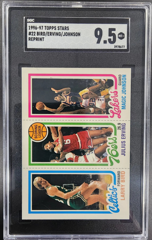 Graded BGS 9.5 1980-81 Topps card panel featuring Larry Bird, Julius Erving, Magic Johnson