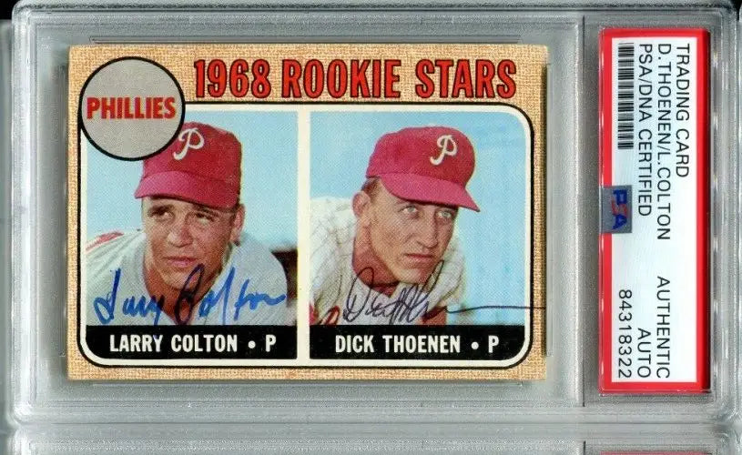 Autographed 1968 Phillies Rookie Stars Baseball Card Larry Colton Dick Thoenen PSA/DNA