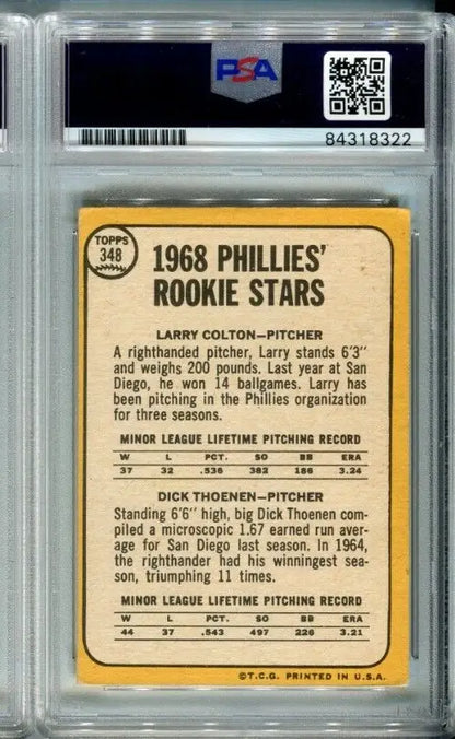 Graded 1968 Phillies Rookie Stars card featuring Larry Colton and Dick Thoenen PSA/DNA